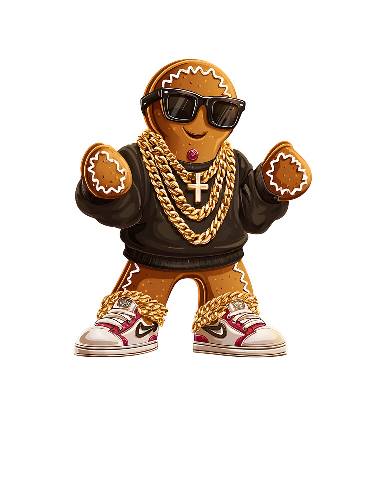Fashionable Christmas gingerbread man in a leather jacket with gold chains and sneakers. by OlhaBondarenko