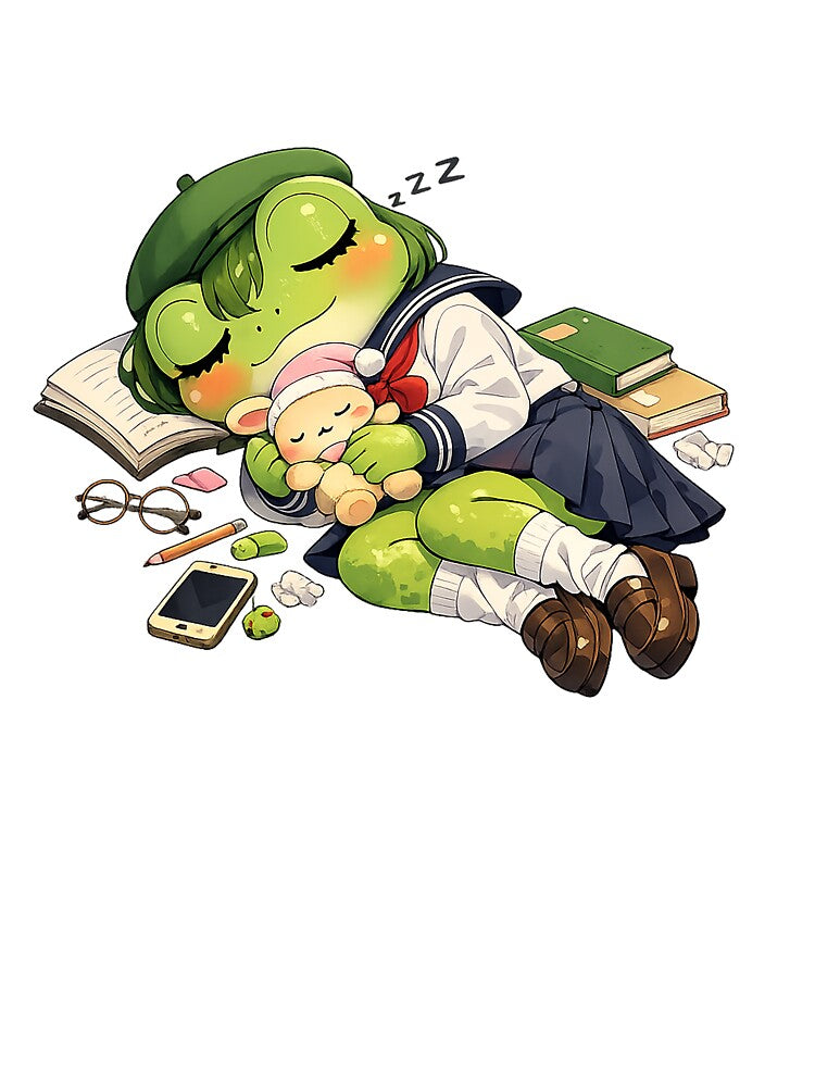 Kawaii Anime Frog Sleeping with Plushie | Cute Schoolgirl Froggy Aesthetic Art by CustomizingGift