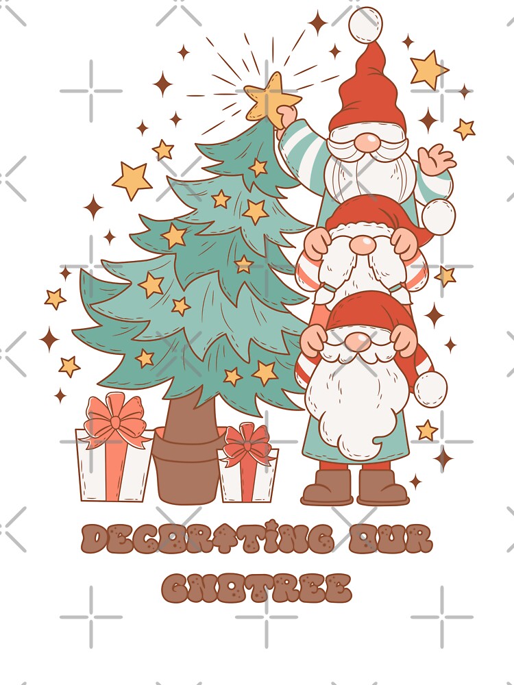 Decorating Our Gnotree - Cute Gnomes Decorating a Christmas Tree (Red Outline and Text Design) by Spiprinto