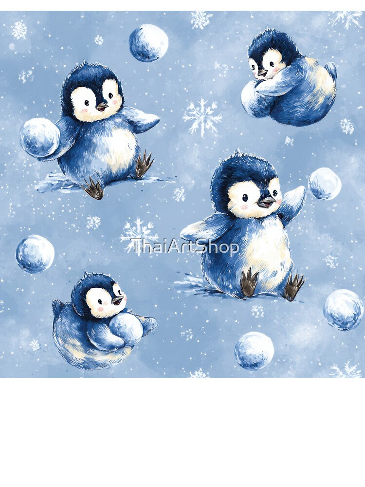 Cute Baby Penguins Playing with Snowballs – Winter Holiday Kawaii Animal Pattern by ThaiArtShop