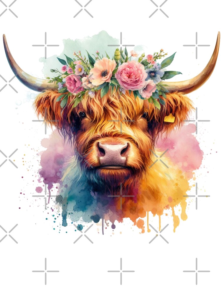 Scottish Highland Cow Wearing a Crown of Flowers Colorful Watercolor by MaedK