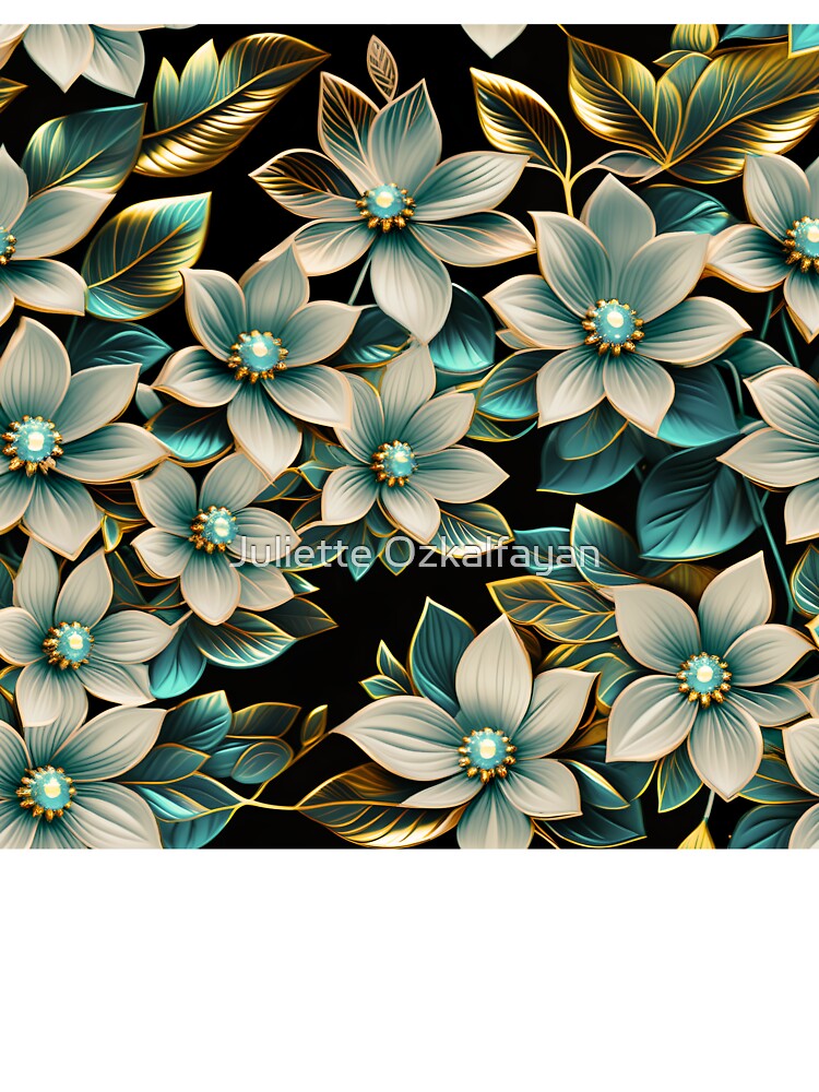 Champagne & Teal Floral Elegance | Luxurious Gold Botanical Pattern by Juliette Ozkalfayan