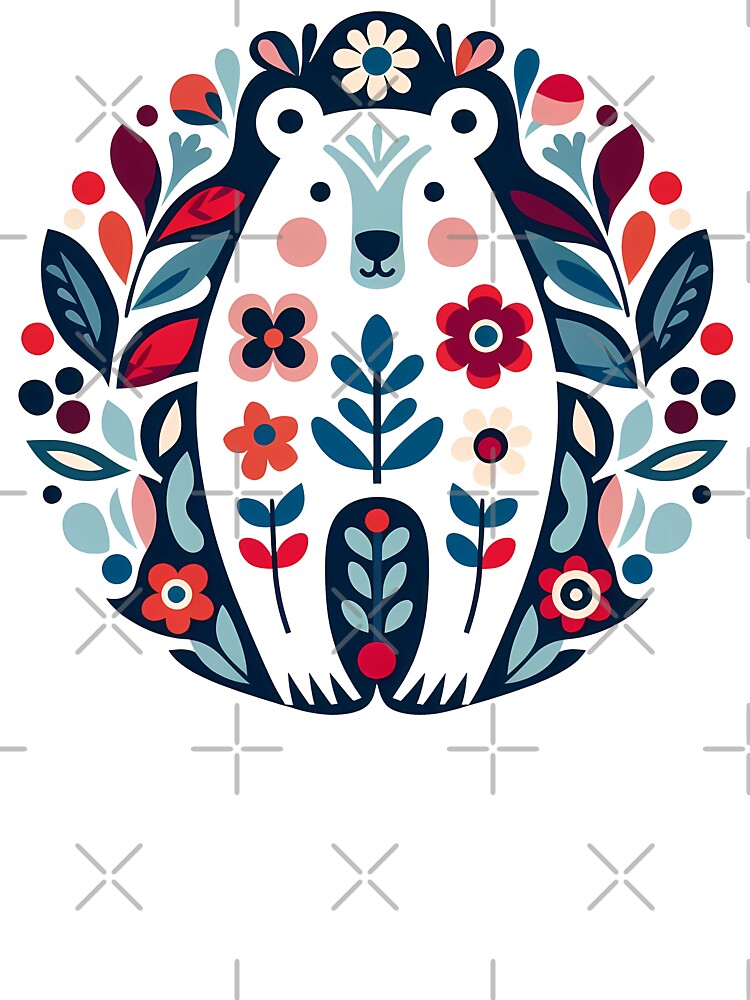 Cute Patterned Polar Bear with Flowers - Scandinavian Folk Art by heidiannemorris © by FOLK ART FUSION