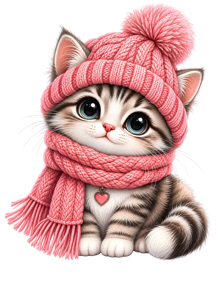 Cute Winter Kitten in Pink Hat and Scarf by TinyWeird