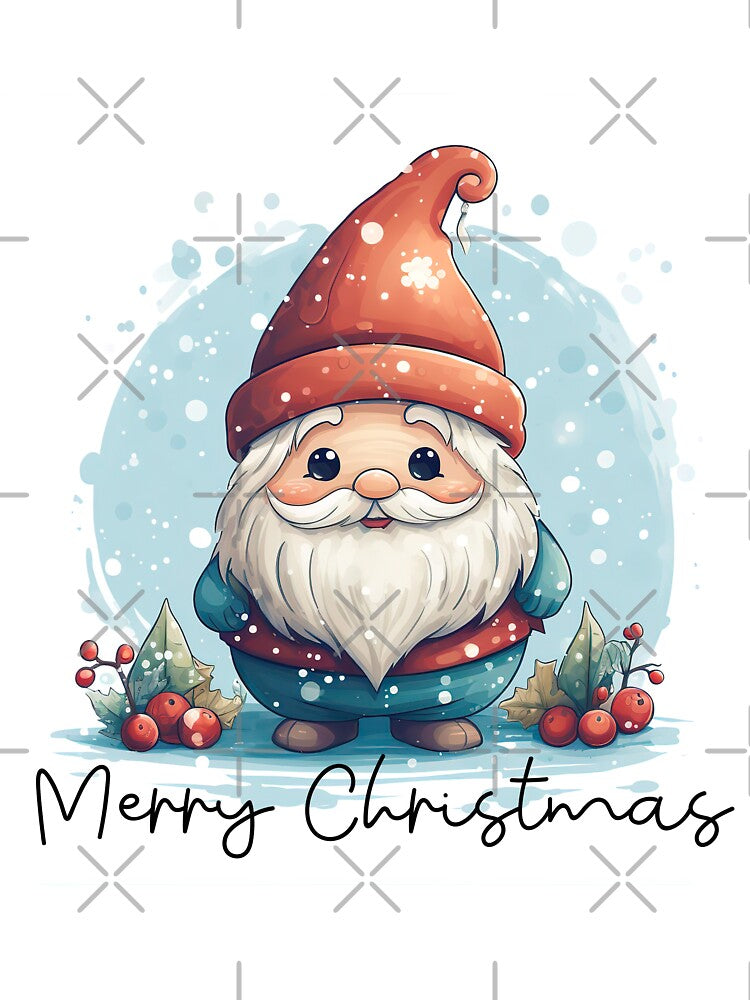 Merry Christmas  Cute Christmas gnome in red hat with snow by Inktown