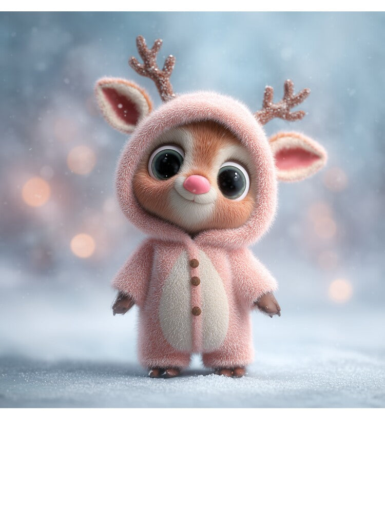 Kawaii Winter Reindeer in Fluffy Pink Onesie – Cute Christmas Art by Hakubiya