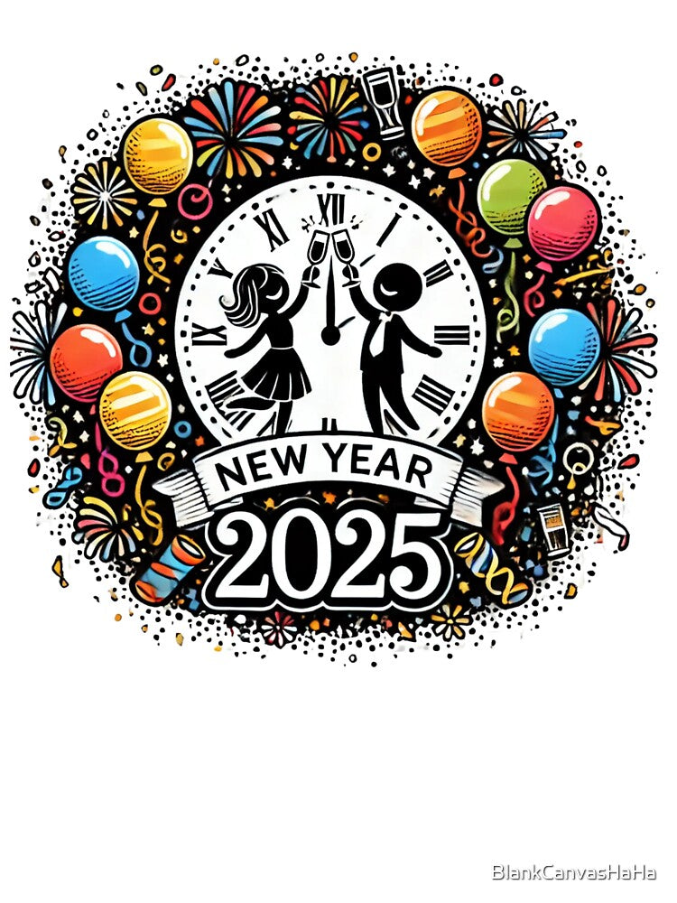 Celebrate New Year 2025 Tee - Festive Stick Figure Party by BlankCanvasHaHa
