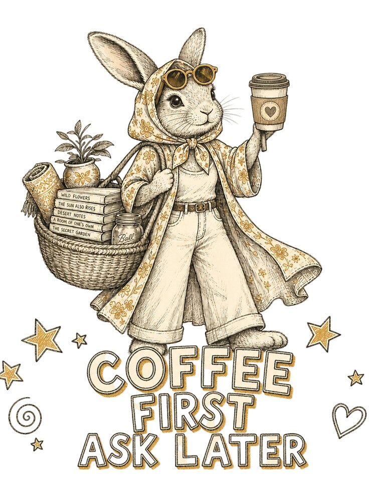 Coffee First Ask Later Vintage Bunny Printed T-Shirt / Mugs by happybluedesign