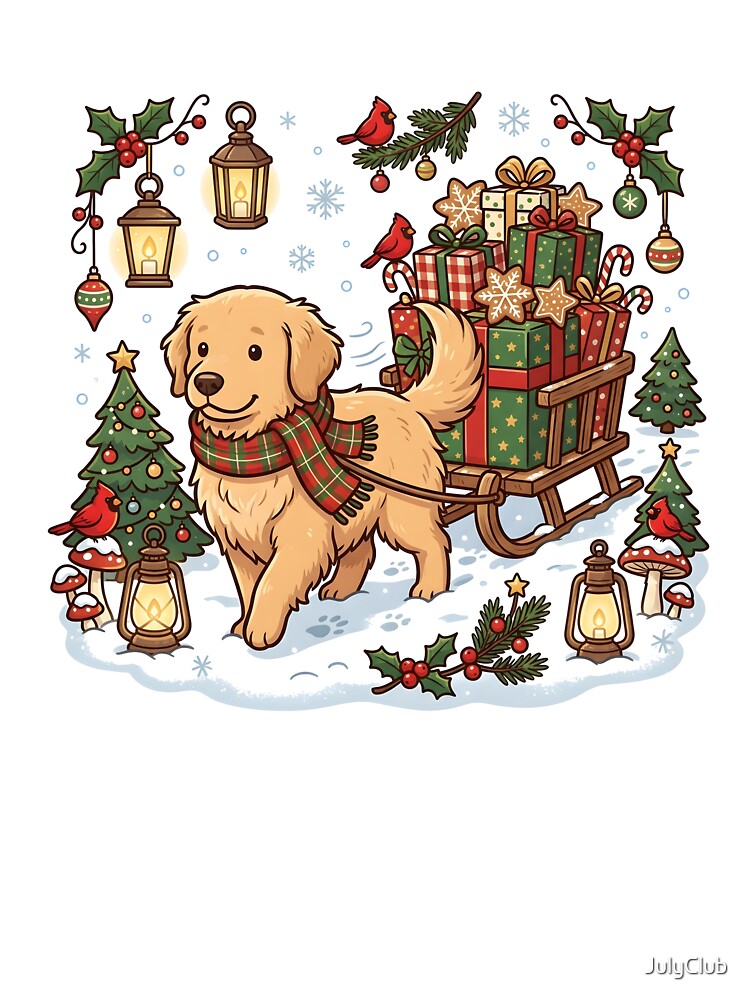 Golden Retriever Pulling Christmas Sleigh – Winter Holiday Dog Design by JulyClub