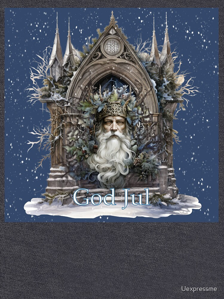 Blue snowy Nordic (God Jul) Father Christmas in Gothic Archway by Uexpressme