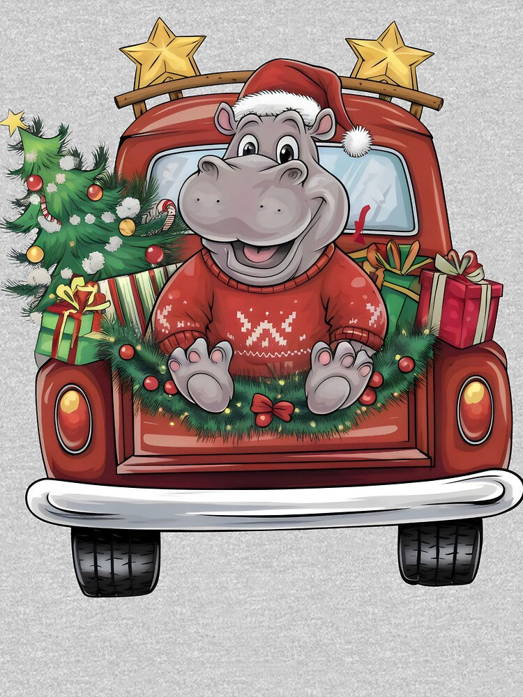 Festive Christmas Hippo in Santa Hat on Holiday Truck - christmas red truck by Pastel-Pulse