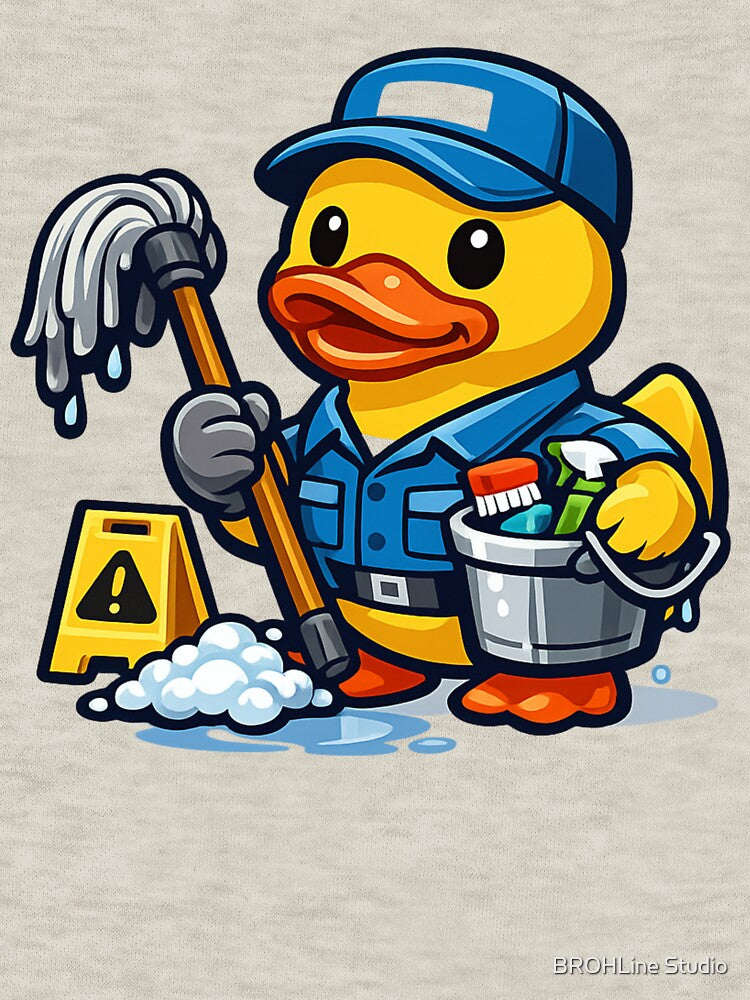 Funny Janitor Rubber Duck Cartoon Cleaning Duck by BROHLine Studio