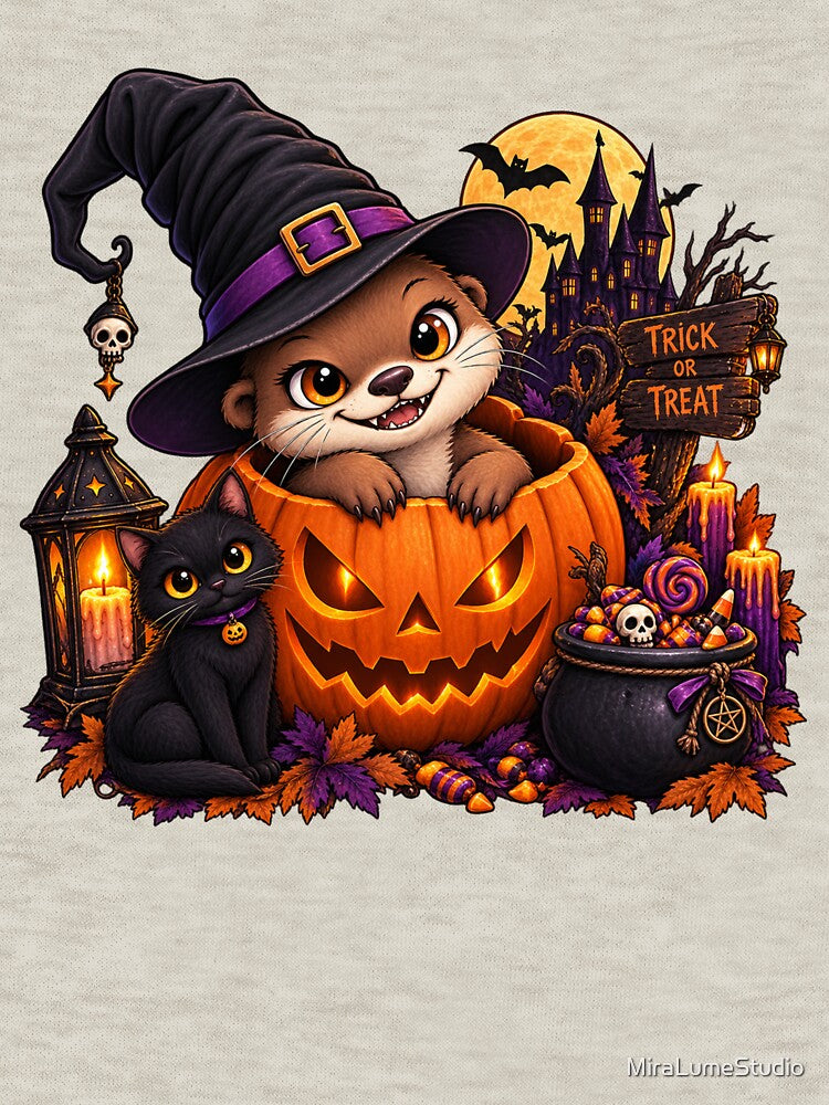 Funny Otter Meme Collection - Trick Or Treat Pumpkin Otter Halloween - Cute Spooky Cartoon Otter - Jack O Lantern & Black Cat by MiraLumeStudio