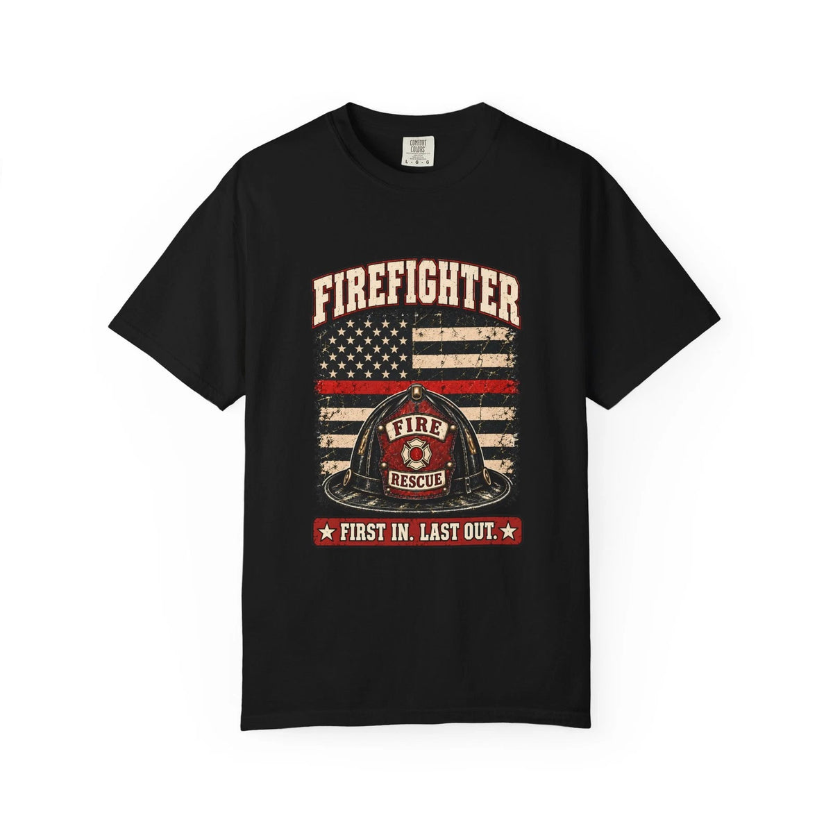 Thin Red Line Firefighter T-Shirt First In Last Out USA Flag Fire Rescue Tee