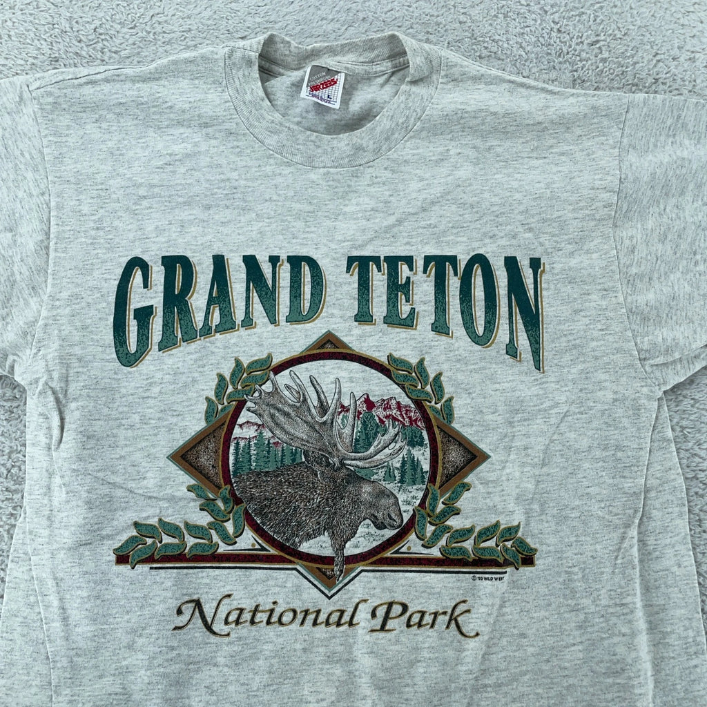 Vtg Wild West Grand Teton National Park T-Shirt FITS M Gray Wyoming Moose Nature