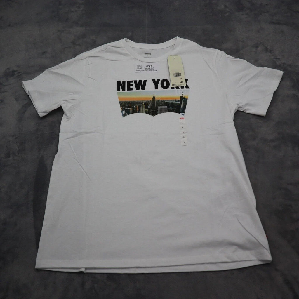 Levi Strauss Shirt Mens L White Short Sleeve Crew Neck Graphic Print Cotton Knit Unisex