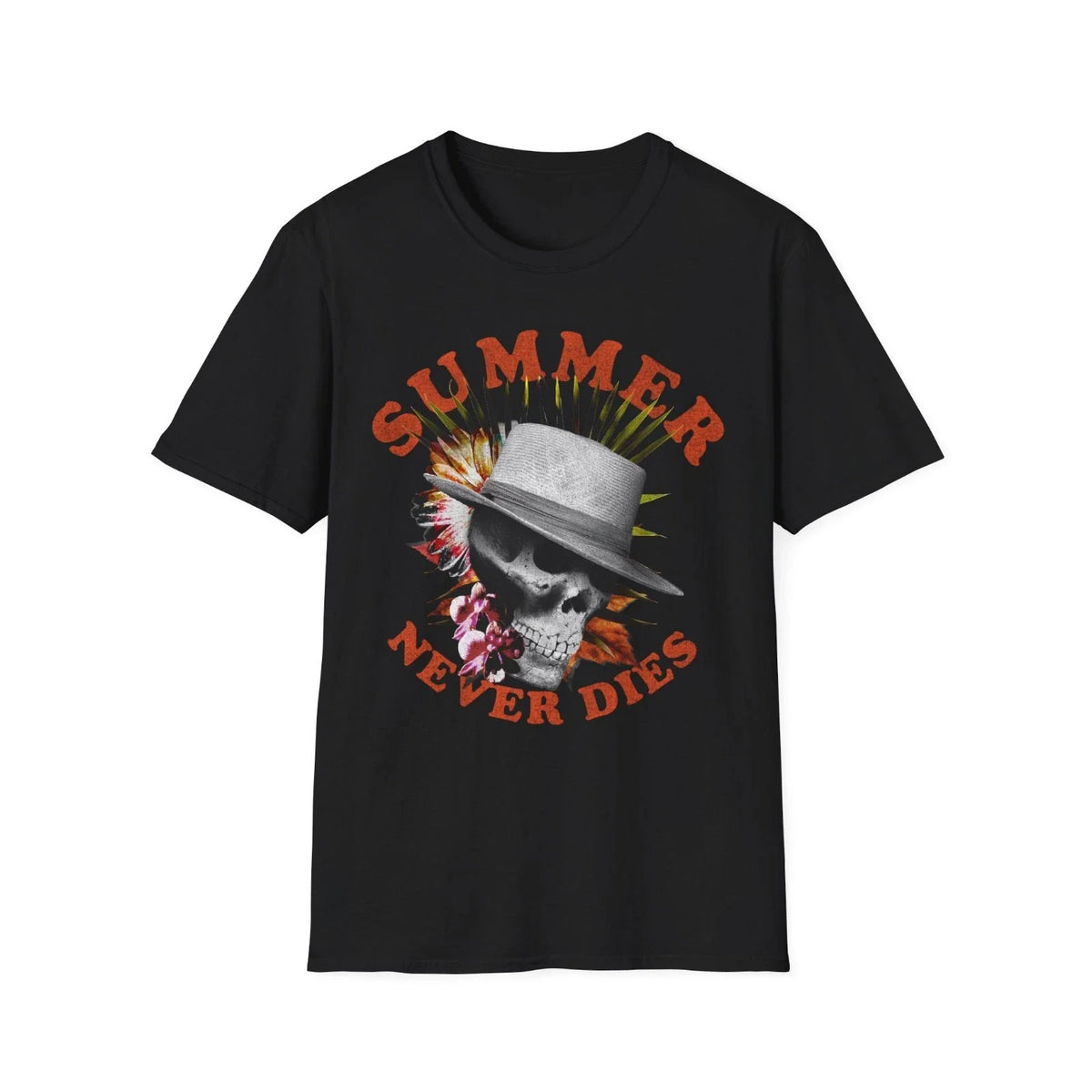 Summer Never Dies Tropical Skull Graphic Tee Beach Vacation Summer Shirt Unisex