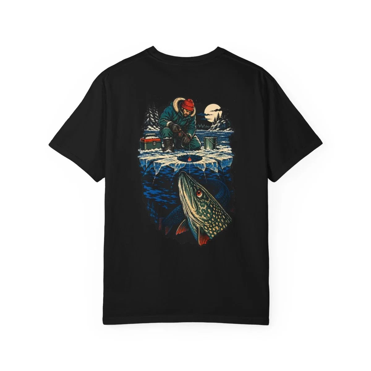 Ice Fishing Northern Pike Graphic T-Shirt Black Back Print Comfort Colors 1717