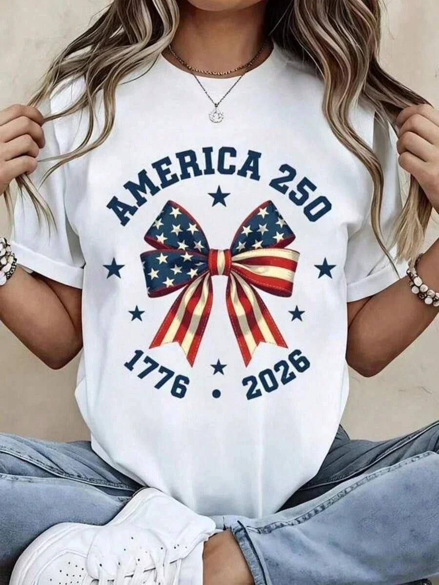 America 250 Patriotic Bow Flag Print 1776 2026 Short Sleeve Unisex