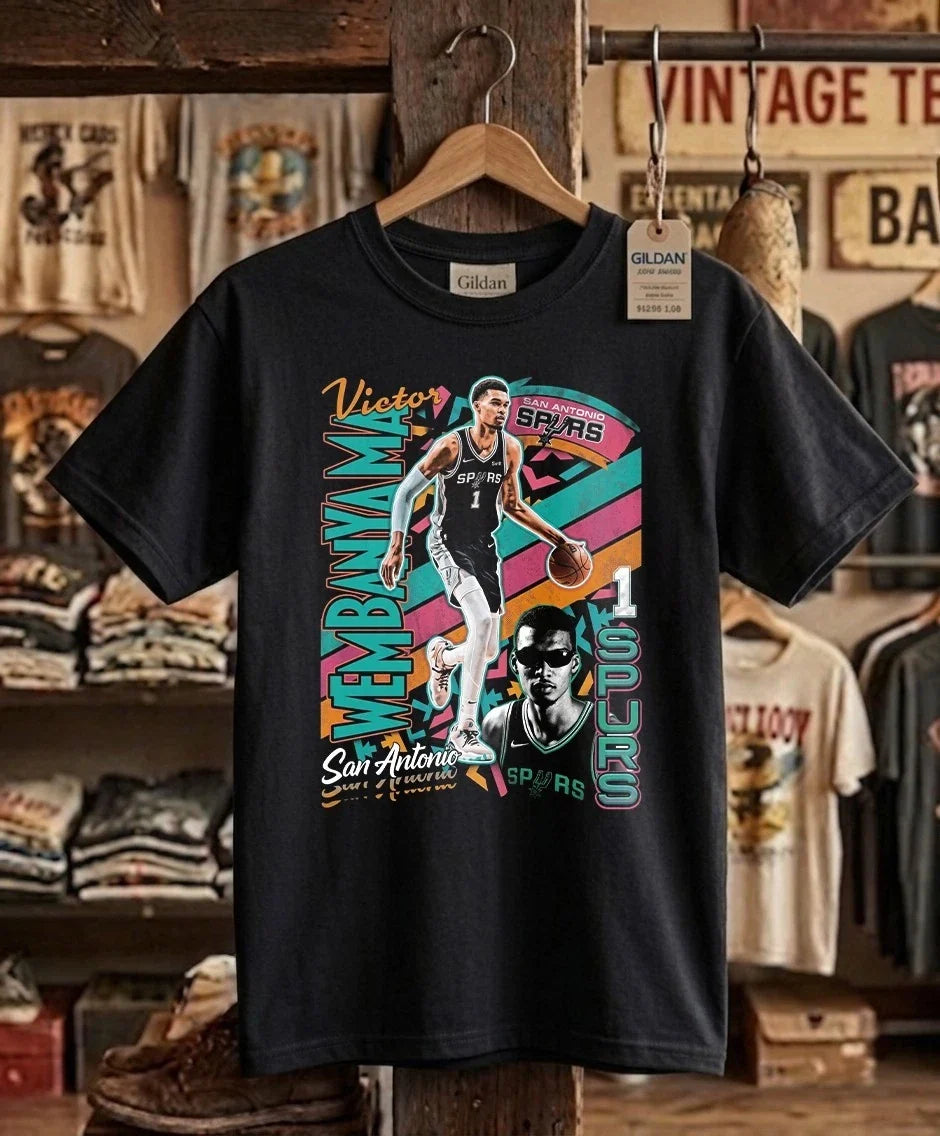 San Antonio Basketball Wemby Retro Graphic Tee - Vintage Black Streetwear Shirt Unisex
