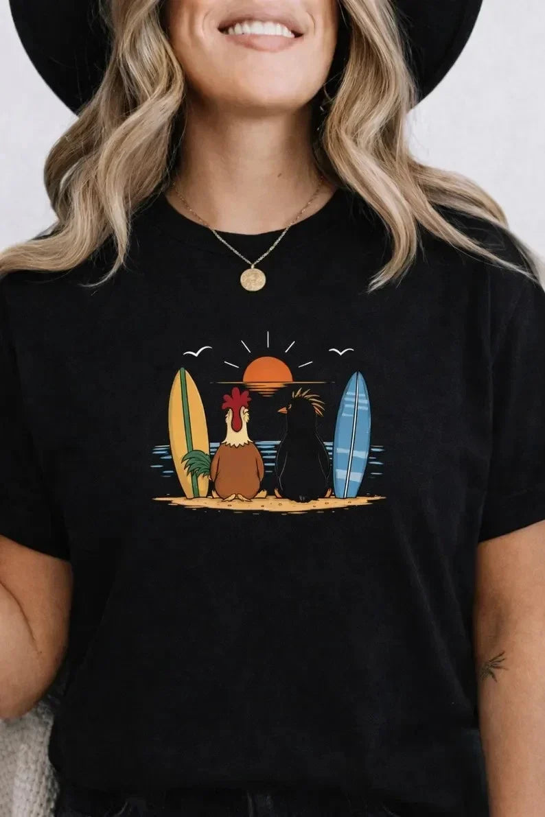Funny Chicken Penguin Surfing , Beach Sunset Tee, Cute Animal Surf Shirt Unisex