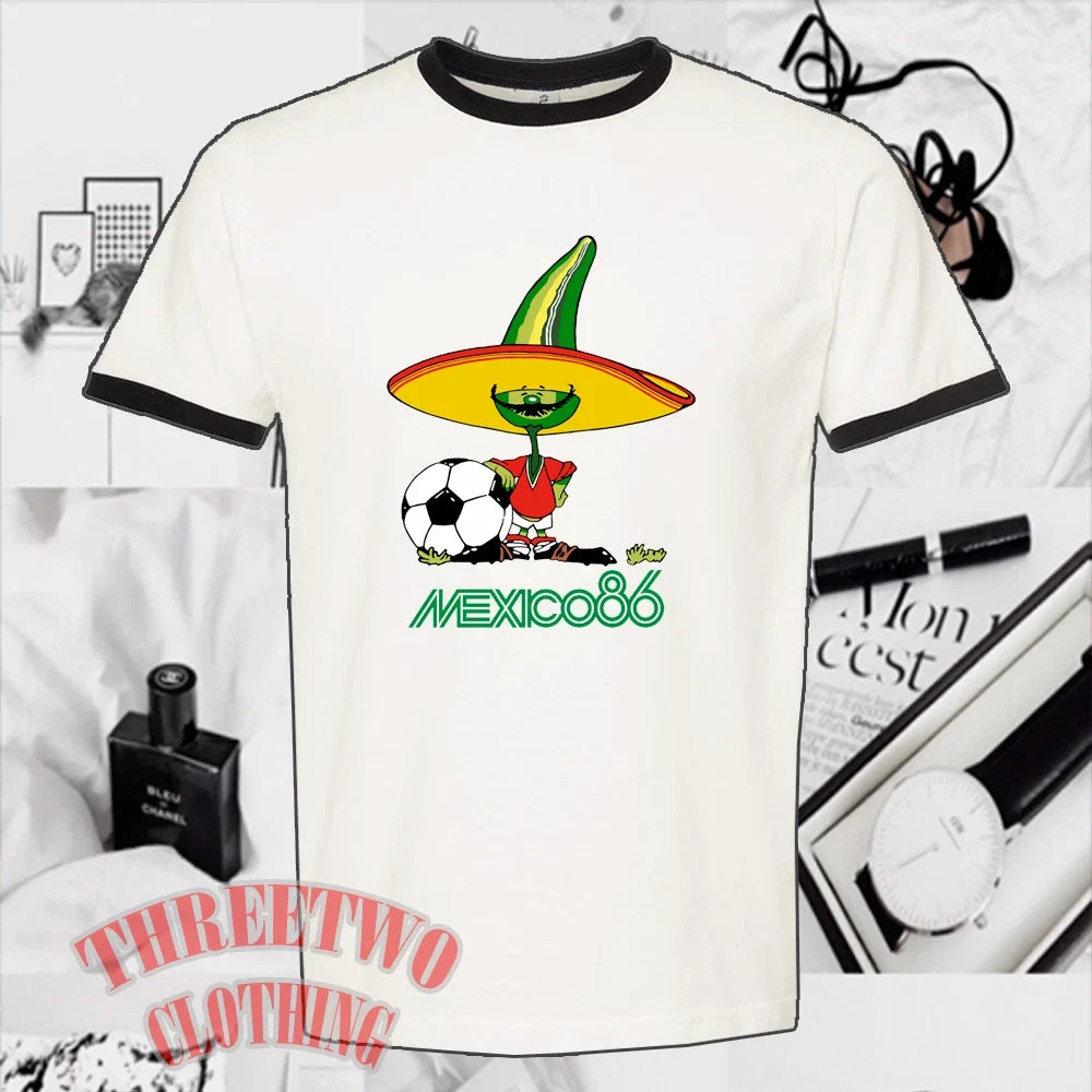 Mexico 86 Pique Classic Football Masscot Men's Ringer Black Size S to 3XL Unisex