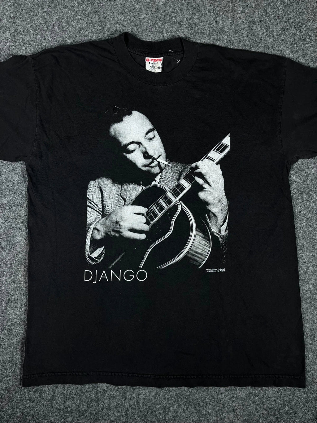 Vintage 1990 Django Reinhardt T Shirt Q-TEES Black Jazz Guitarist Promo Tee XL Unisex