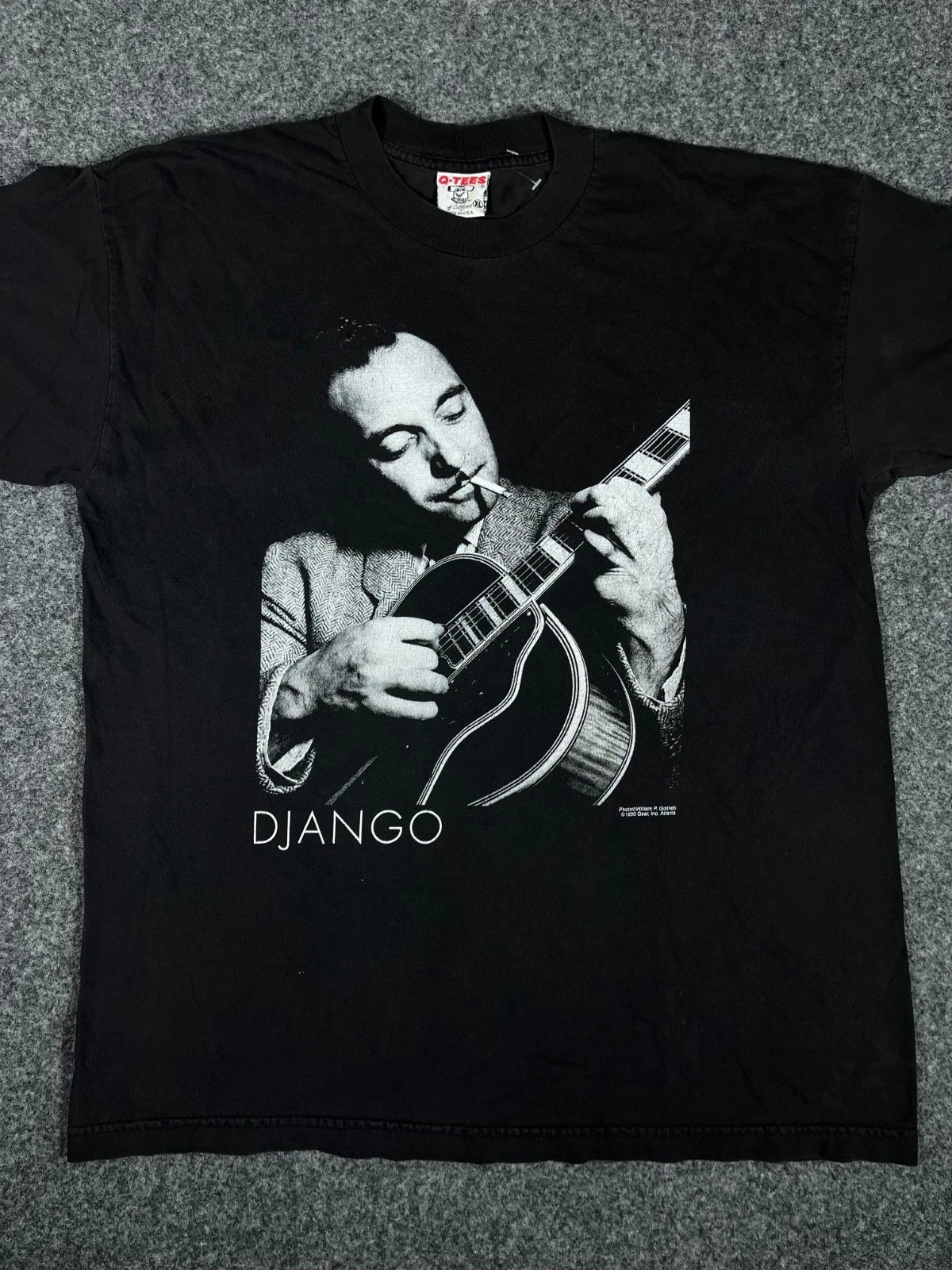 Vintage 1990 Django Reinhardt T Shirt Q-TEES Black Jazz Guitarist Promo Tee XL Unisex