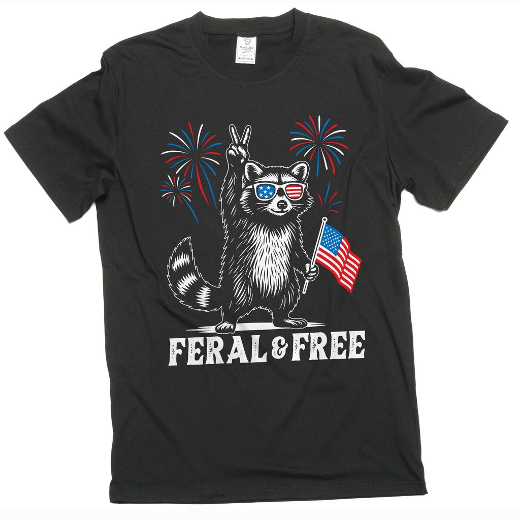 4th of July funny racoon feral and free tshirt free patriotic USA flag funny tee