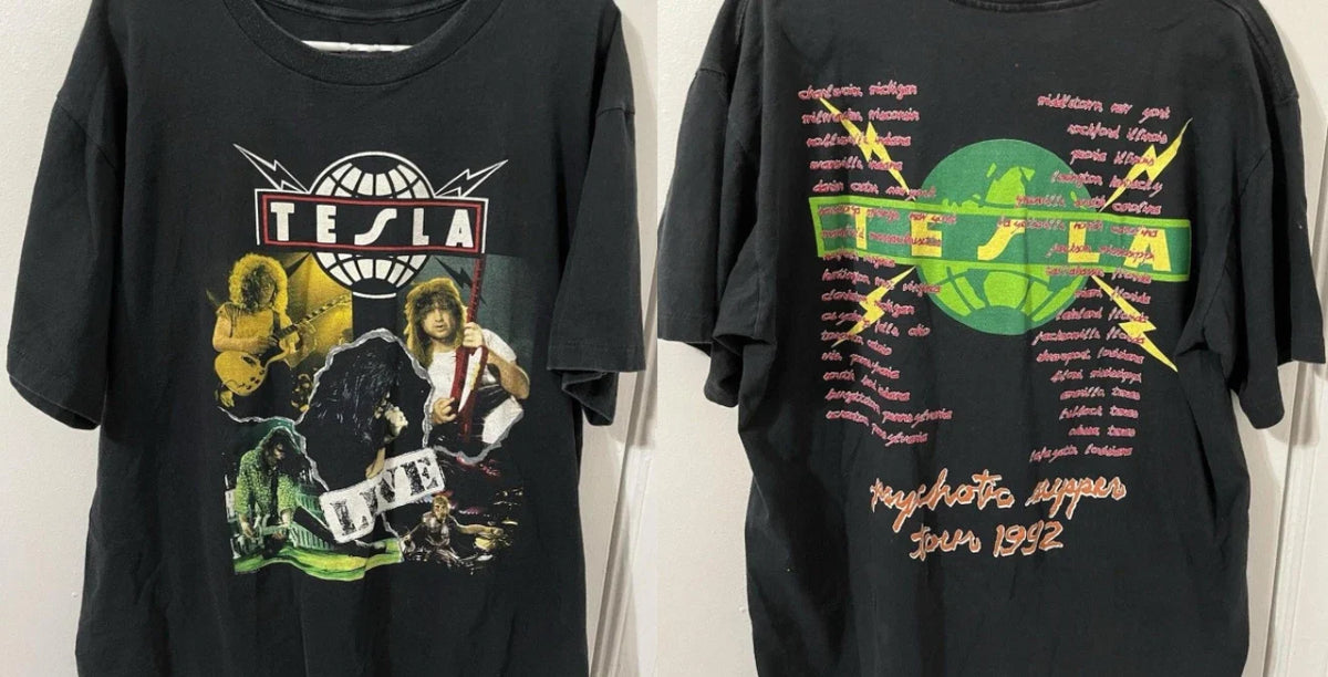 Early 90s Tesla Psychotic Supper Tour Rock Band T Shirt Graphic Tee S-5XL Unisex