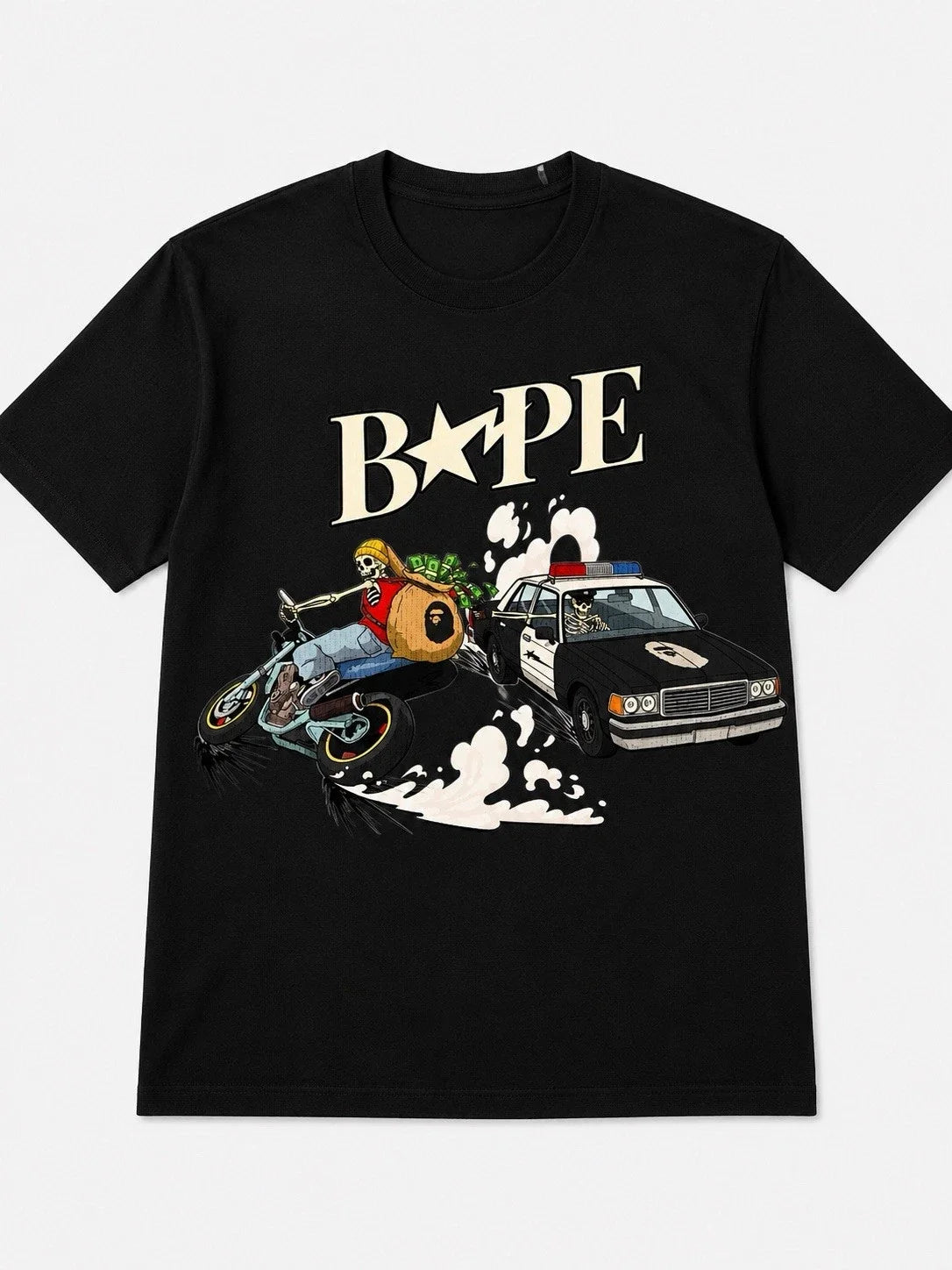 Street Chase Skeleton Graphic | Motorcycle Rider Cartoon Tee Unisex