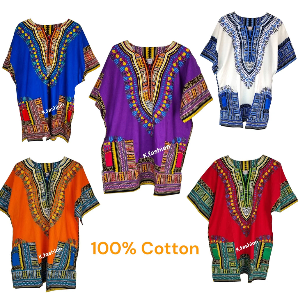 100% COTTON Unisex Dashiki Africa Tribal Print Festival Kaftans Shirt Blouse Top Unisex