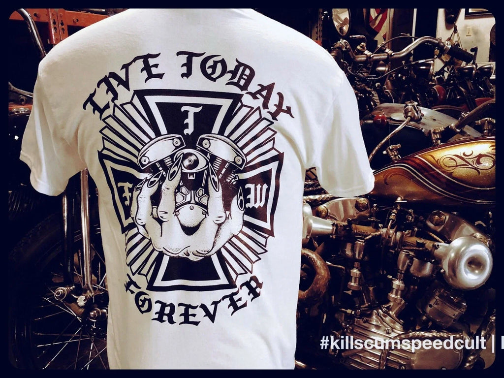 LIVE TODAY FOREVER Iron cross Shovelhead engine and hand of doom biker shirt vtg Unisex