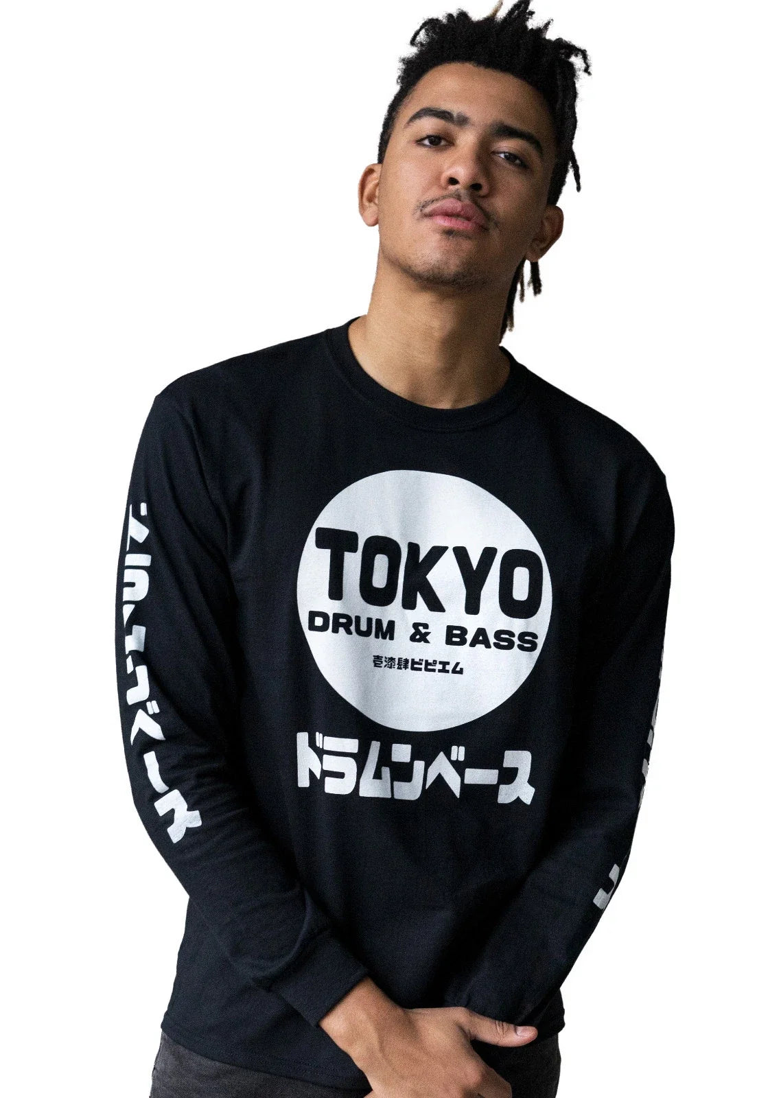 Tokyo Drum & Bass Long Sleeve Shirt Japanese Writing Printed Sleeve Mens Tee Top Unisex