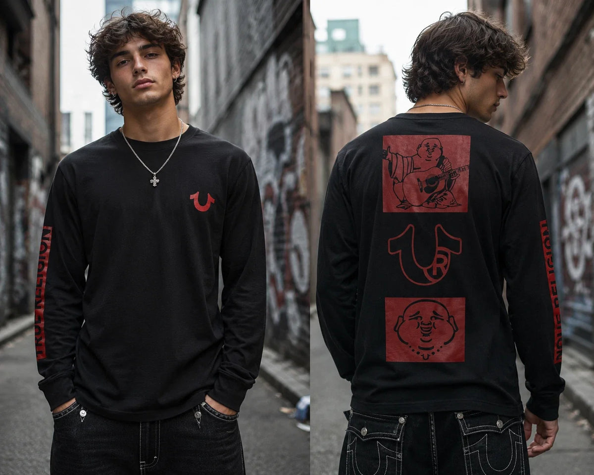 True Religion Buddha Long Sleeve T Shirt Mens Medium Black Red Graphic Logo Tee Unisex
