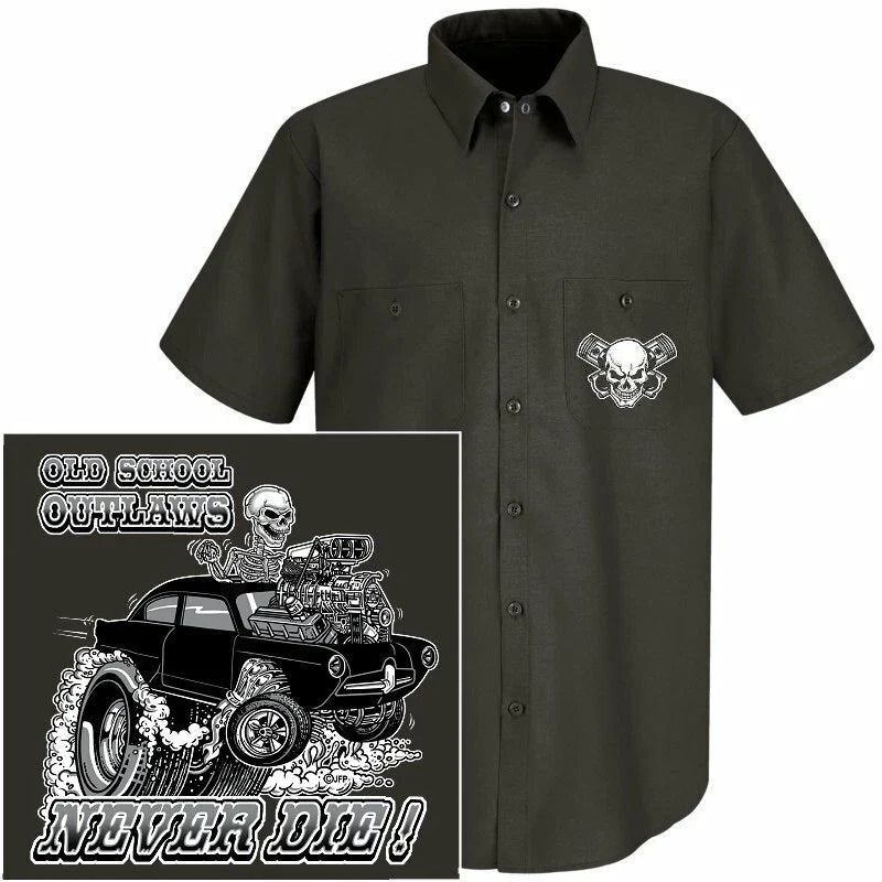HENRY J KAISER OLD SCHOOL MUSCLE HOT ROD OUTLAW GASSER DRAG CAR SKULL WORK SHIRT Unisex