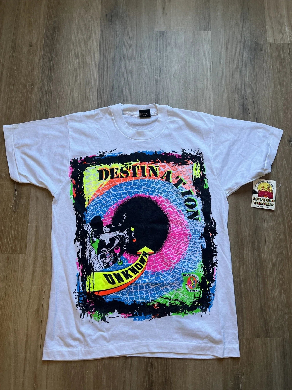 Vintage Neon T Shirt Skateboard “destination Unknown” 80s Deadstock Size Large Unisex