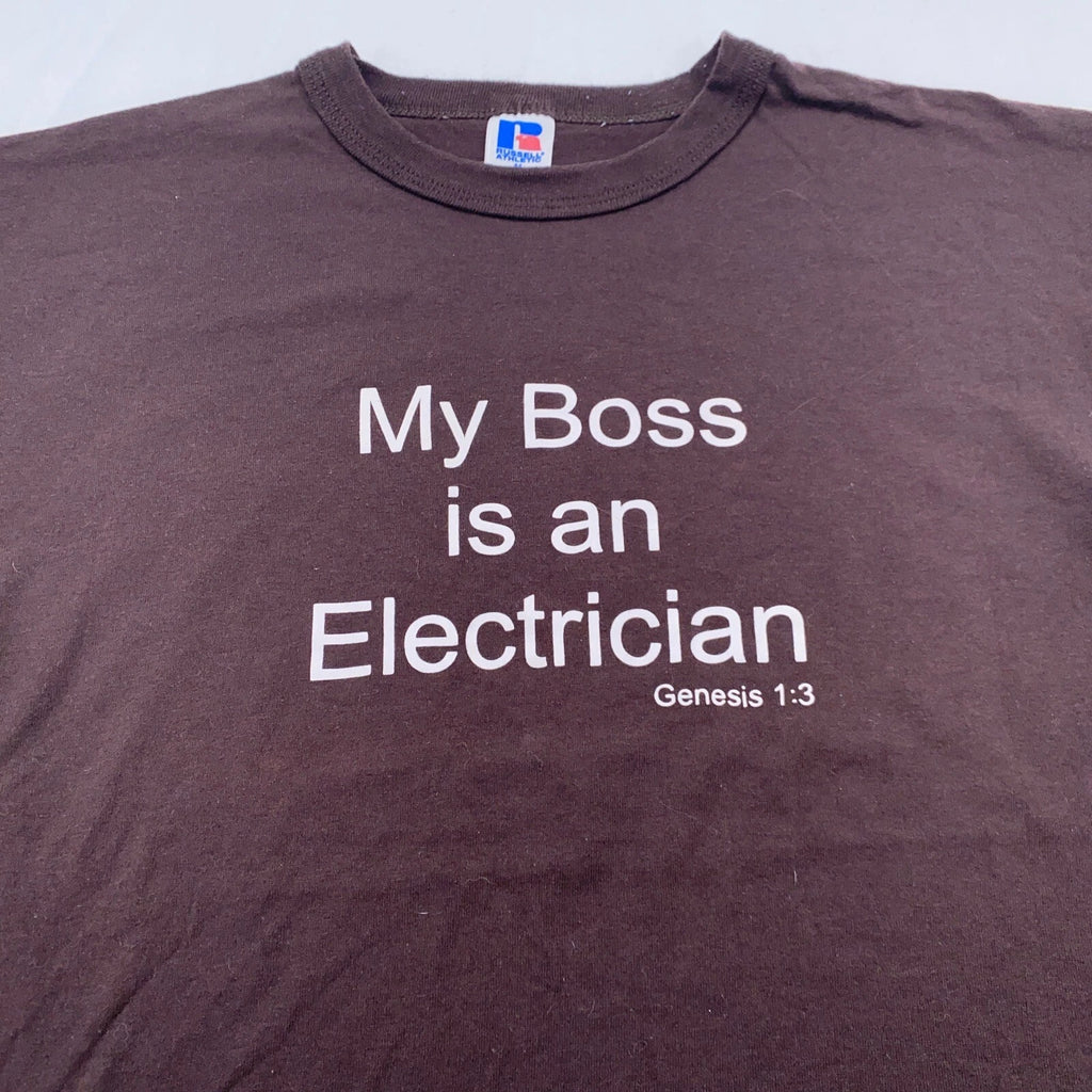 vtg 80s MY BOSS IS AN ELECTRICIAN GENESIS 1:3 T-Shirt SMALL soft jesus god bible