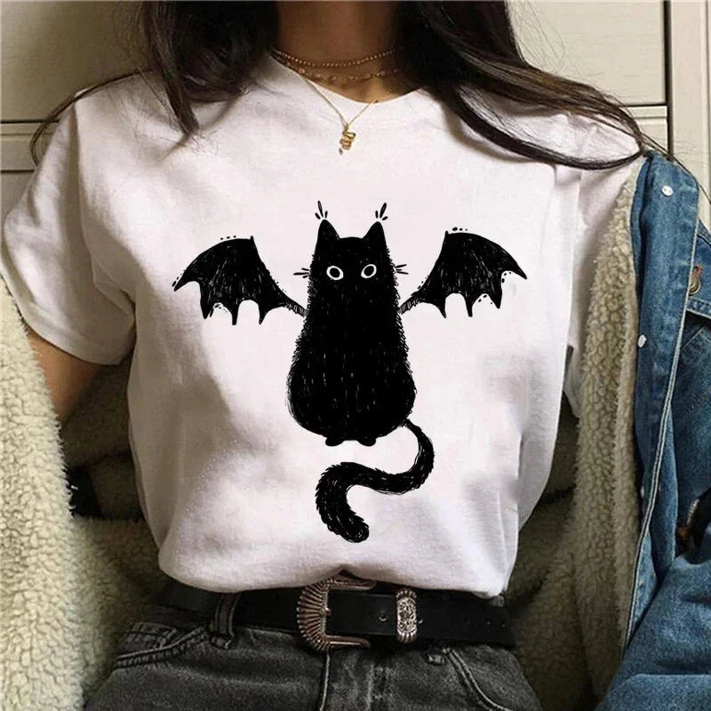 Women Cartoon Cat Mushroom Halloween Print s Short Sleeve Unisex