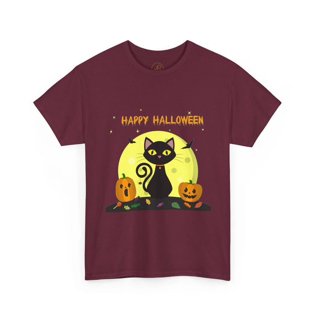 Happy Halloween Black Cat T-Shirt | Pumpkin Moonlight Bat Halloween Design Tee