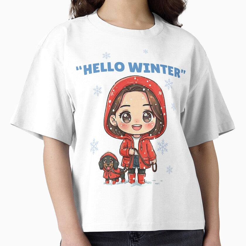 Hello Winter Cozy Girl Illustration – Cute Winter Walk with Dog | Girly Cozy Day Art by Beeform