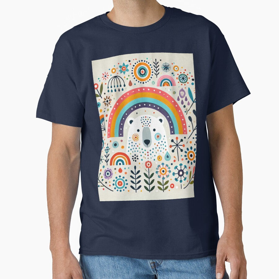 Happy Polar Bear with Rainbow and Flowers - Scandinavian Folk Art by heidiannemorris © by FOLK ART FUSION