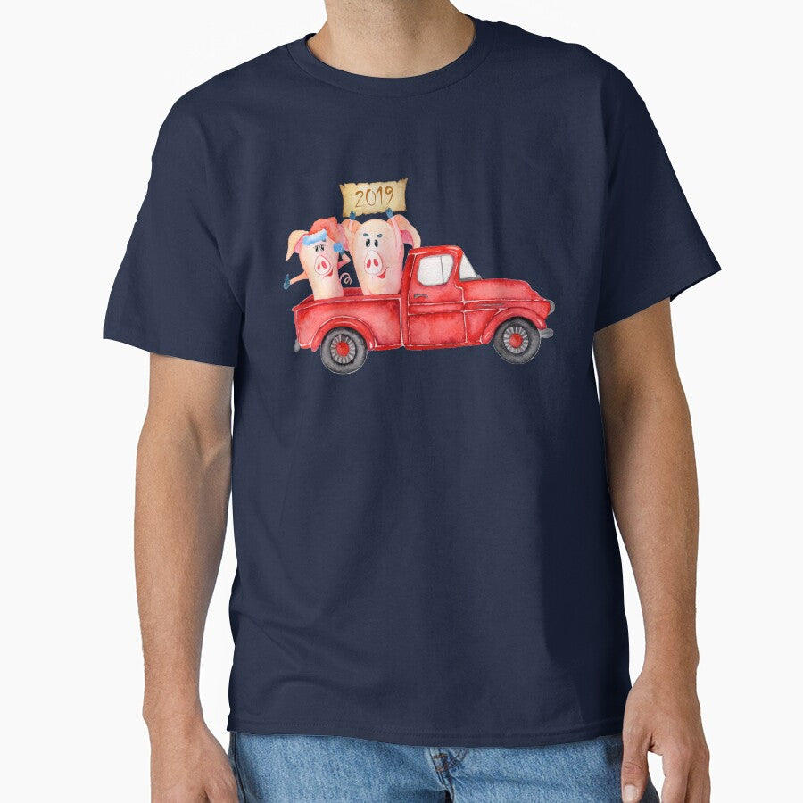 Christmas Classic Red Truck - 2019 Year of The Pig - The New Year Lucky Pigs by Maryna Denysenko