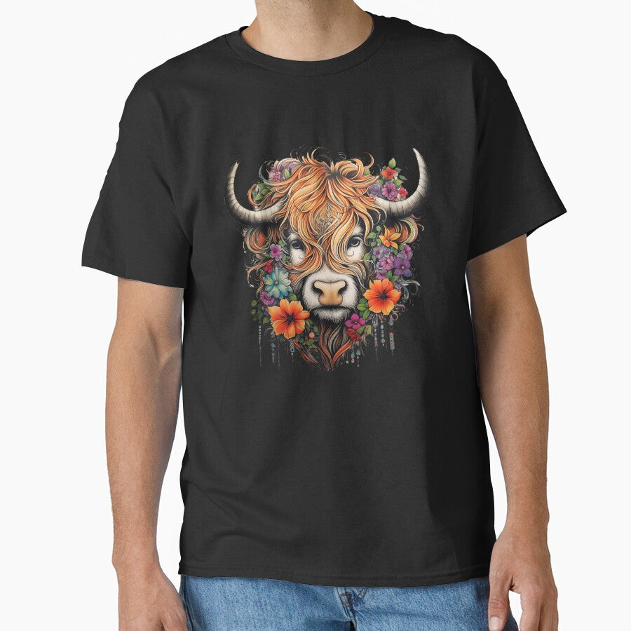 Highland Cow Colorfull With Daisies Flower by LucyArtDesign