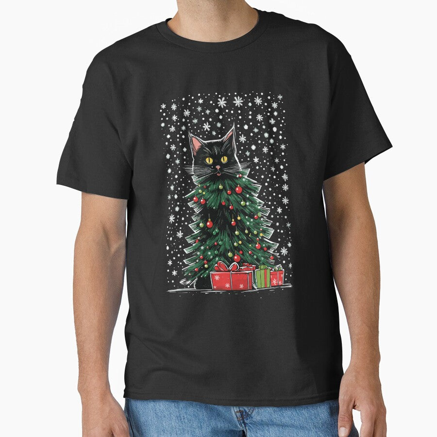 funny black cat pushing christmas tree by Batiz