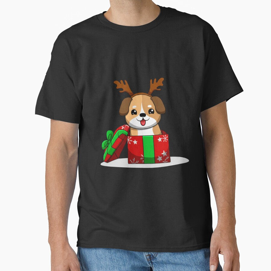 Chibi Dog in Christmas Gift Box – Cute Kawaii Funny Reindeer Antlers Cartoon Design by ColorSplash123