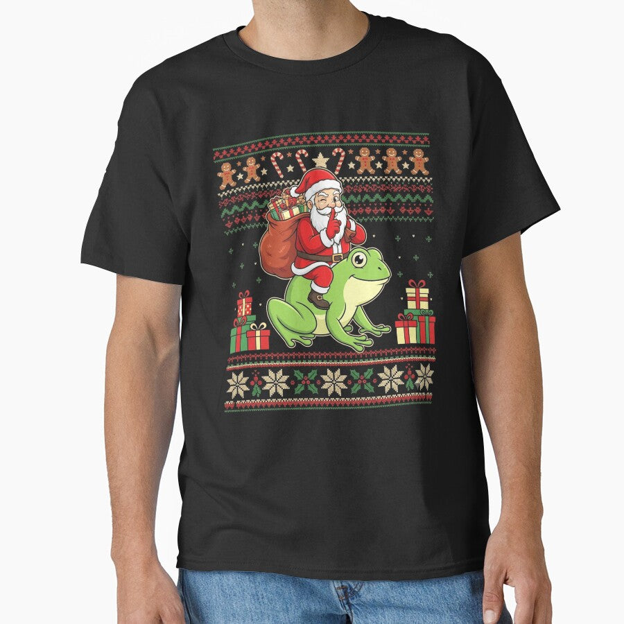 Santa Riding a Frog Funny Ugly Christmas Sweater by MiALopezArt