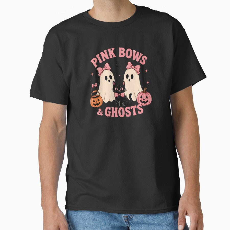Pink Bows & Ghosts – Cute Coquette Halloween Ghost, Black Cat & Pumpkin Retro Graphic by MAPDDesigns