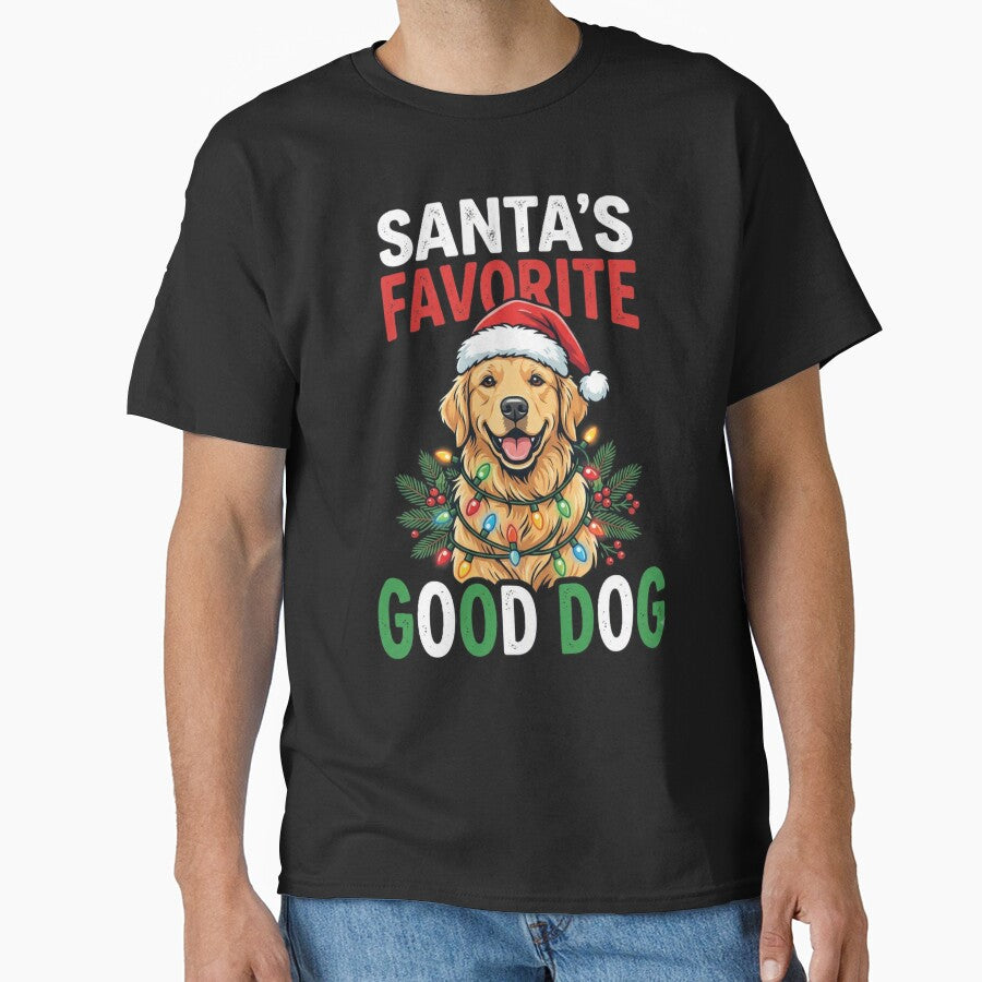 Santa's Favorite Good Dog Golden Retriever Christmas Santa Hat String Lights Holiday Gift Design by 519xdesign