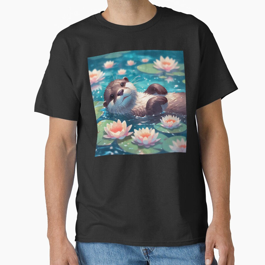 Kawaii Anime Otter Swimming With Water Lily by TomFrontierArt